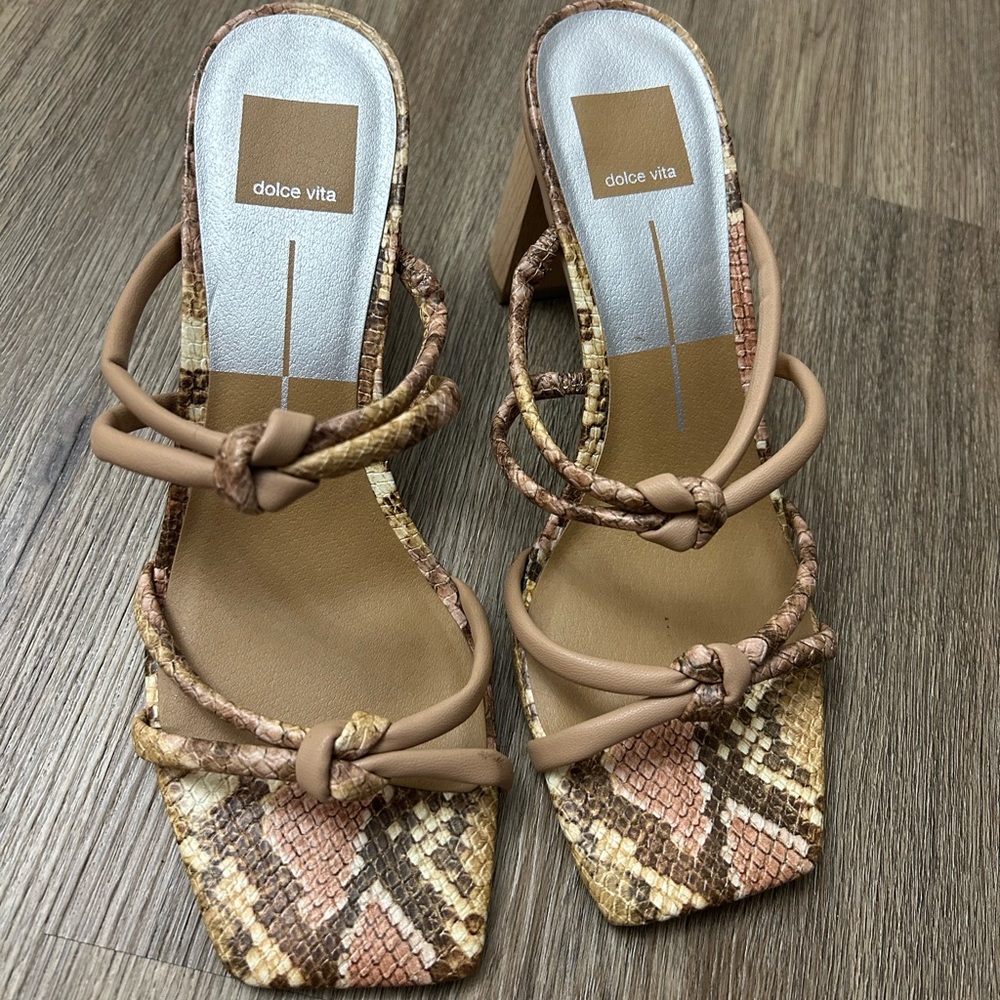 Dolce Vita Brown and Tan Snakeskin Heels